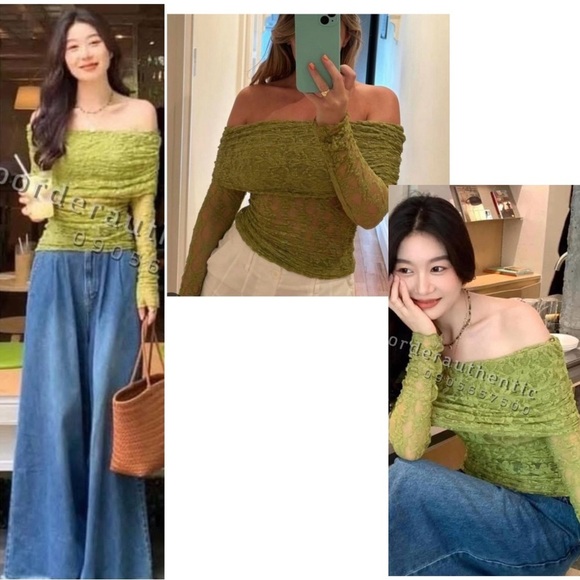 Zara Green lace long sleeve off the shoulder fitted top blouse Sz M NWOT stretch - Picture 3 of 13